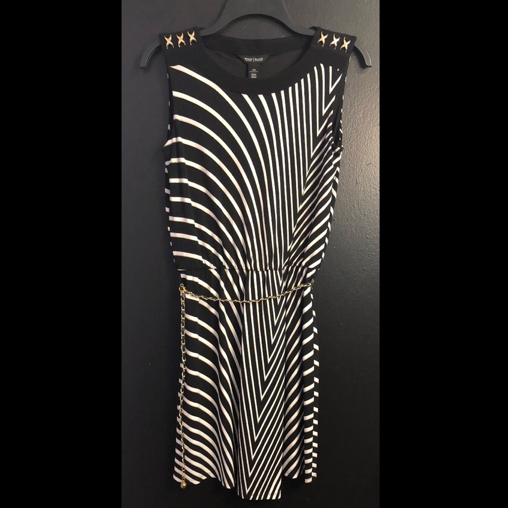 WHBM Black & White Striped Sleeveless Dress with Gold Chain